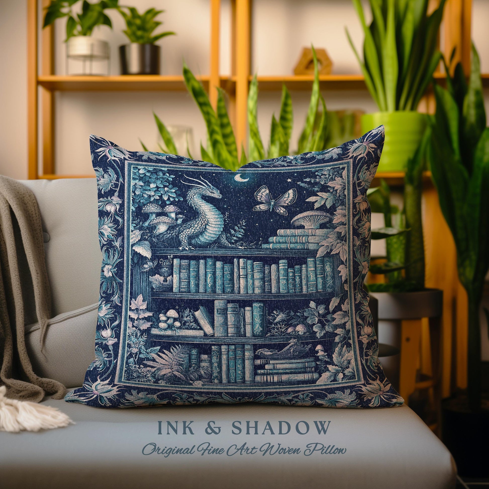 Midnight Blue Enchanted Library Dragon Pillow Celestial Dark Academia Fairycore | Whimsical Gothic Cottagecore Fantasy Art Tapestry Cushion