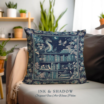 Midnight Blue Enchanted Library Dragon Pillow Celestial Dark Academia Fairycore | Whimsical Gothic Cottagecore Fantasy Art Tapestry Cushion