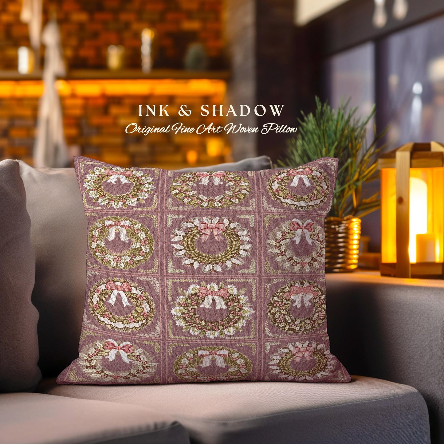 Cinnamon Spice Coquette Christmas Wreath Woven Tapestry Pillow Romantic Baroque Aesthetic | Vintage Folklore Art Cottagecore Festive Cushion