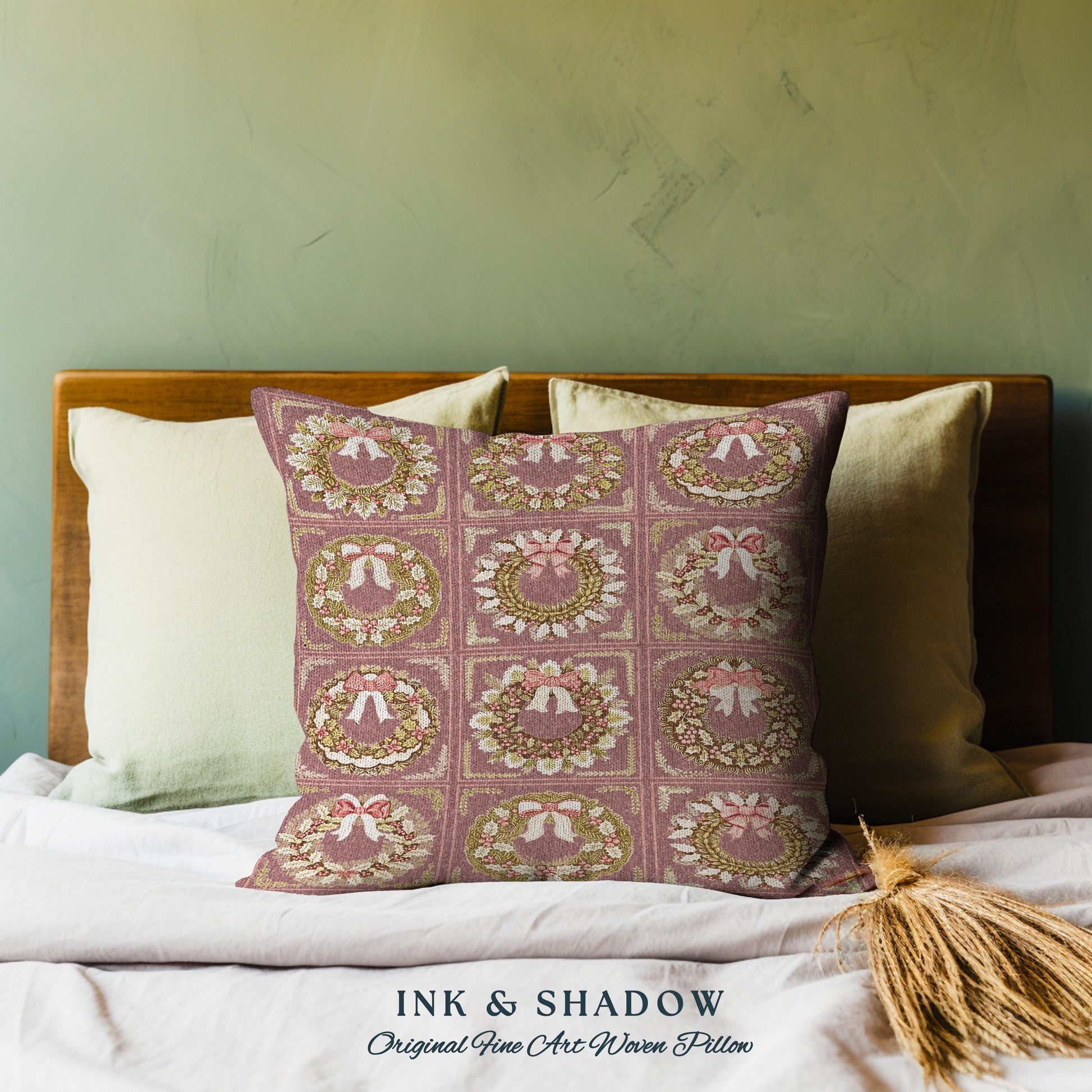 Cinnamon Spice Coquette Christmas Wreath Woven Tapestry Pillow Romantic Baroque Aesthetic | Vintage Folklore Art Cottagecore Festive Cushion
