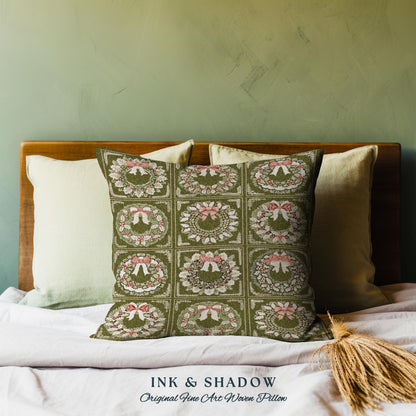 Scandi Sage Green & Cream Norfolk Wreath Tapestry Cushion Cozy Vintage Holiday Decor | Rustic Farmhouse Nordic Style Woven Christmas Pillow