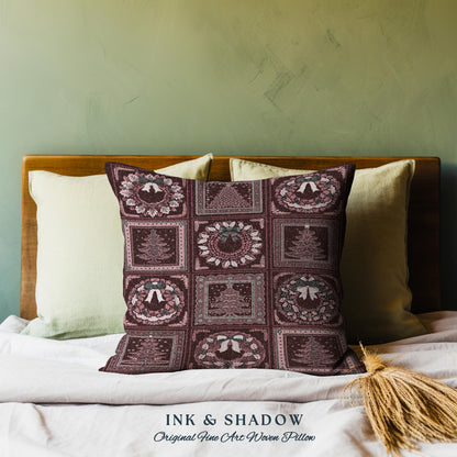 Whimsigothic Christmas Wreath & Tree Checkered Pillow Festive Decor | Vintage Burgundy Holiday Tapestry Cushion Victorian Gothic Cottagecore
