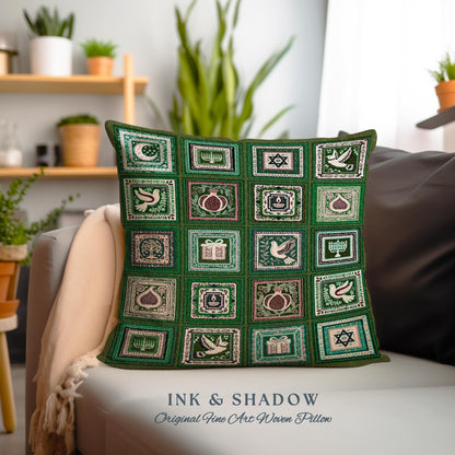 Eclectic Emerald Green Judaica Heritage Tapestry Cushion Jewish Holiday Whimsical Patchwork Pillow Festive Hanukah Isreal Folk Art Decor