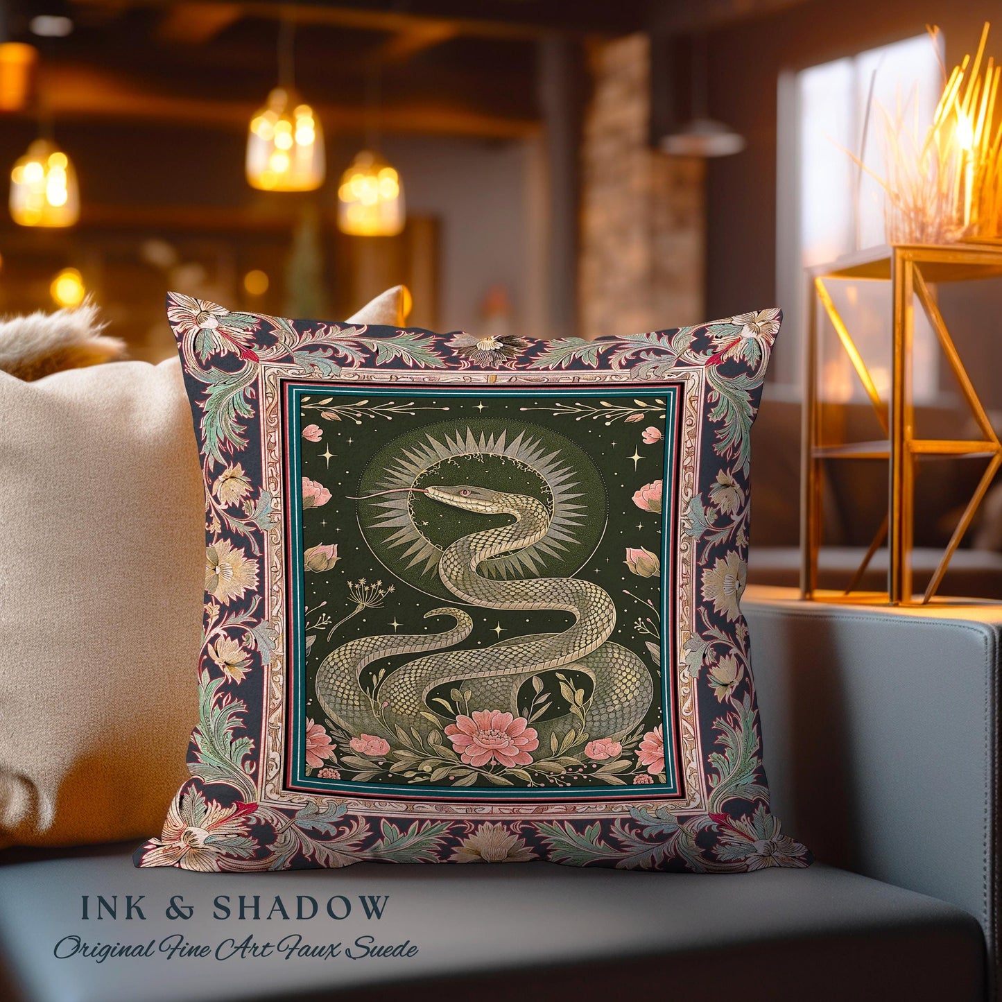 Victorian Rose Serpent Pillow Romantic Cottagecore Floral Decor | Enchanted Baroque Snake Art Dark Academia Gothic Pink Fairycore Goblincore