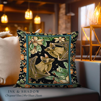 Botanical Vintage Aesthetic Bat Pillow Forestcore Mystic Woodland Gothic Cushion | Boho Fairycore Dark Academia Floral Whimsigoth Witchy Art