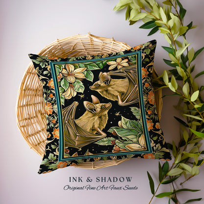 Botanical Vintage Aesthetic Bat Pillow Forestcore Mystic Woodland Gothic Cushion | Boho Fairycore Dark Academia Floral Whimsigoth Witchy Art