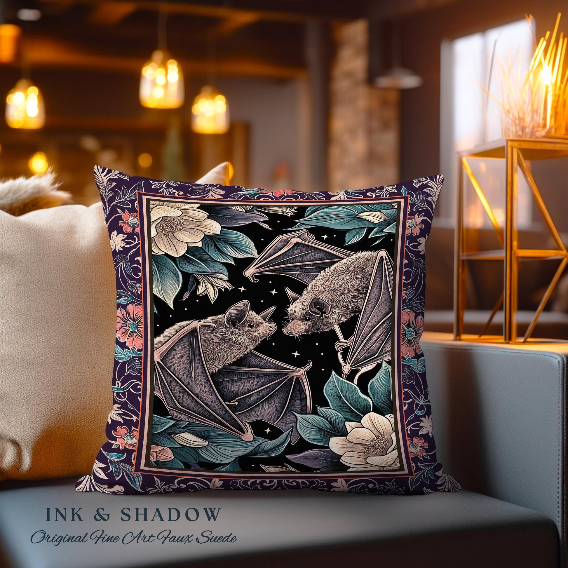 Gothic Woodland Dark Floral Bat Pillow Whimsigothic Celestial Decor | Macabre Tapestry Cushion Dark Botanical Forestcore Whimsical Bat Art