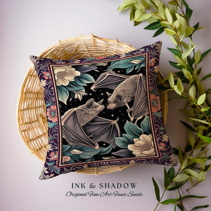 Gothic Woodland Dark Floral Bat Pillow Whimsigothic Celestial Decor | Macabre Tapestry Cushion Dark Botanical Forestcore Whimsical Bat Art