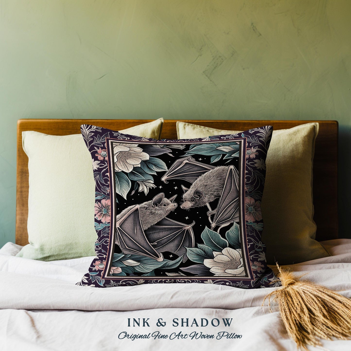 Gothic Woodland Dark Floral Bat Pillow Whimsigothic Celestial Decor | Macabre Tapestry Cushion Dark Botanical Forestcore Whimsical Bat Art