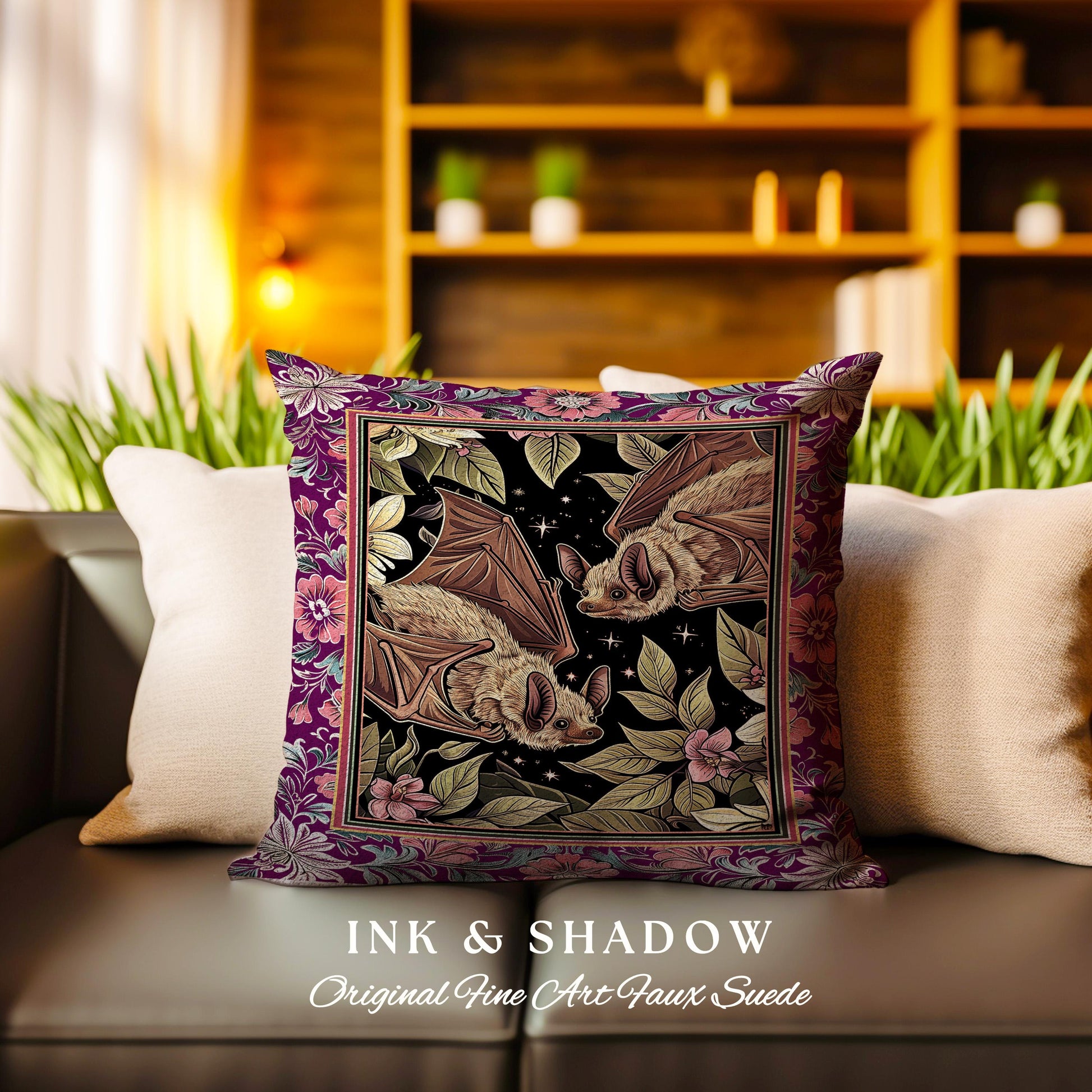 Romantic Victorian Gothic Bat Pillow Whimsical Dark Floral Baroque Forestcore | Ethereal Botanical Whimsical Woodland Cottagecore Cushion