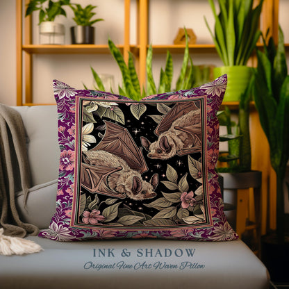 Romantic Victorian Gothic Bat Pillow Whimsical Dark Floral Baroque Forestcore | Ethereal Botanical Whimsical Woodland Cottagecore Cushion