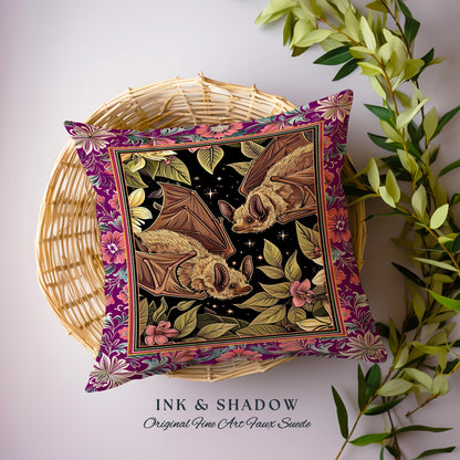 Romantic Victorian Gothic Bat Pillow Whimsical Dark Floral Baroque Forestcore | Ethereal Botanical Whimsical Woodland Cottagecore Cushion