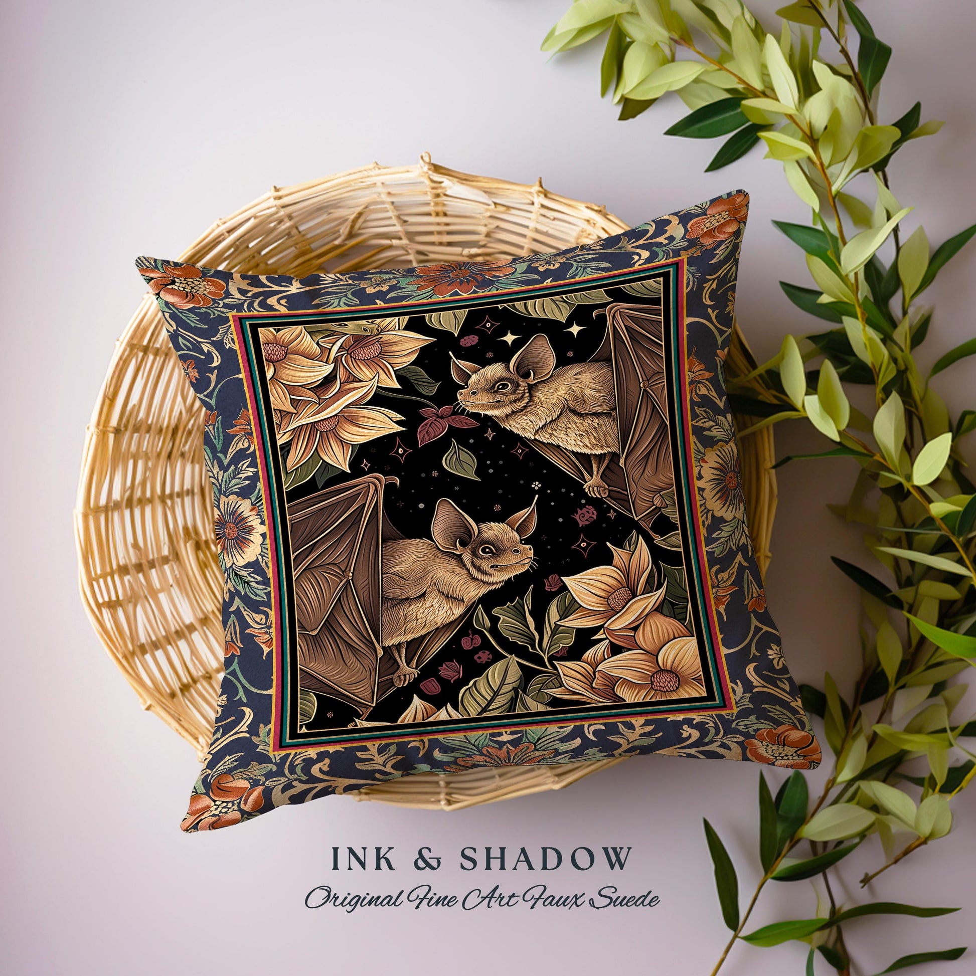 Dark Academia Mystic Bat Pillow Woodland Gothic Victorian Art Decor | Enchanted Forest Celestial Nature Cushion Whimsical Floral Cottagecore