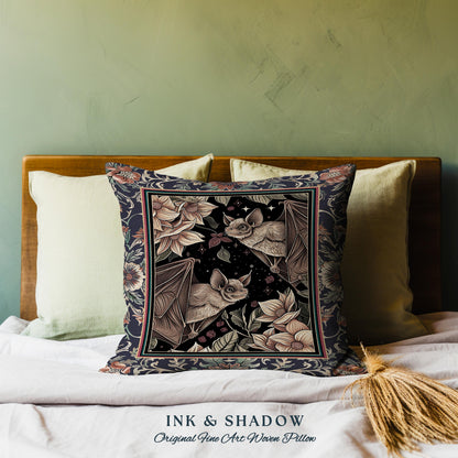 Dark Academia Mystic Bat Pillow Woodland Gothic Victorian Art Decor | Enchanted Forest Celestial Nature Cushion Whimsical Floral Cottagecore