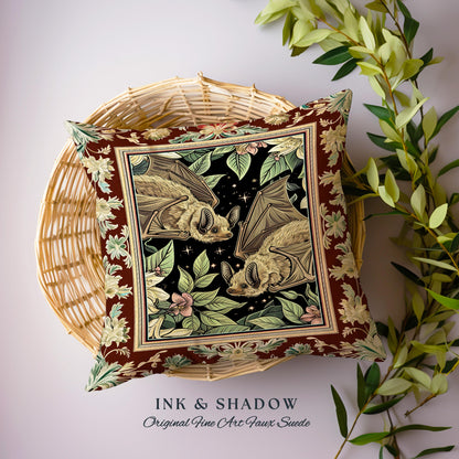 Whimsical Floral Bat Pillow Boho Mystical Dark Academia Fairycore Decor | Woodland Botanical Gothic Tapestry Cushion Celestial Cottagecore