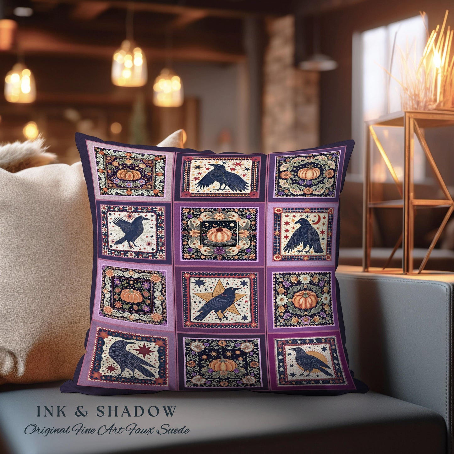 Witchy Whimsical Raven Pumpkin Pillow Purple Halloween Aesthetic Cozy Decor | Gothic Tapestry Cushion Crowcore Retro Celestial Cottagecore