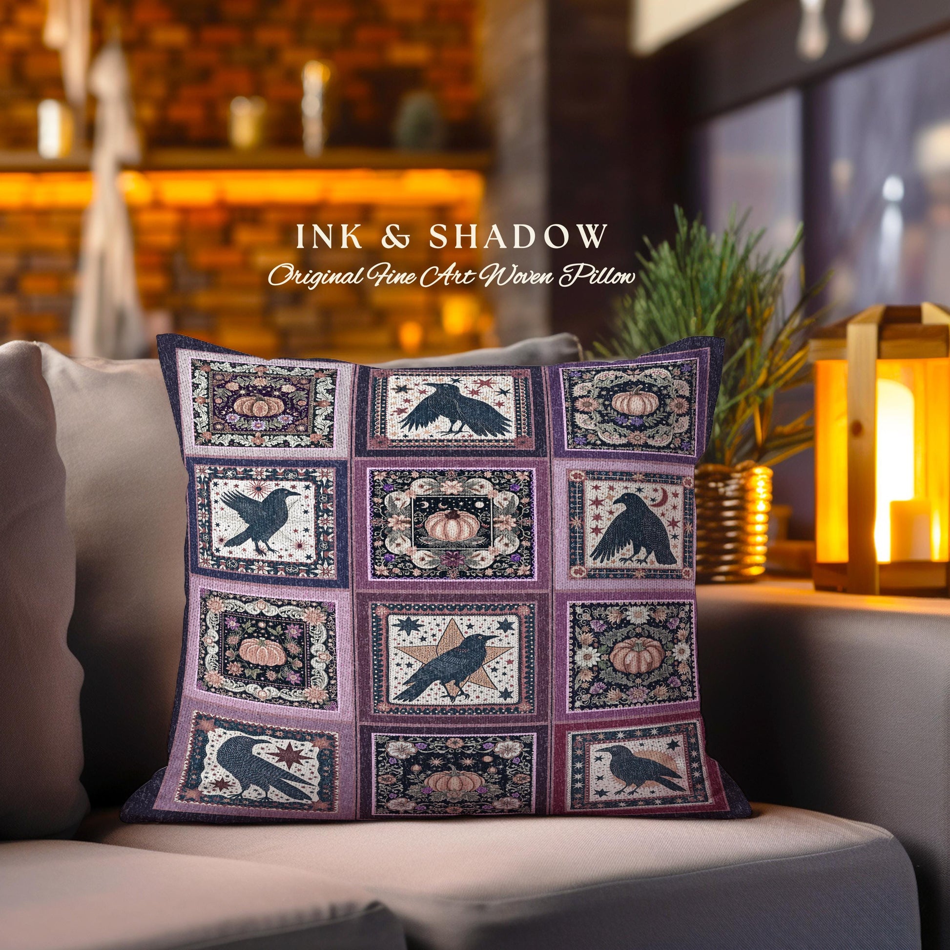 Witchy Whimsical Raven Pumpkin Pillow Purple Halloween Aesthetic Cozy Decor | Gothic Tapestry Cushion Crowcore Retro Celestial Cottagecore