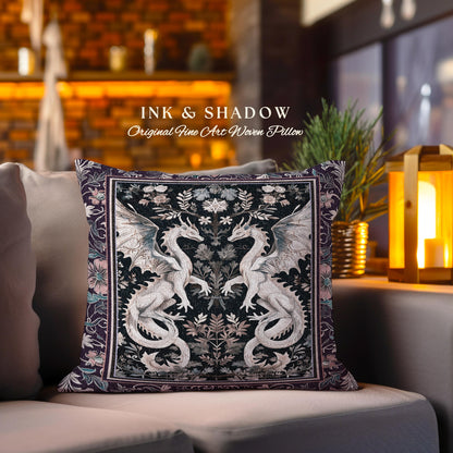 Victorian Gothic Dragon Pillow Enchanted Floral Baroque Tapestry Cushion Mystical Medieval Art Nouveau Woodland Charm Whimsigoth Cottagecore