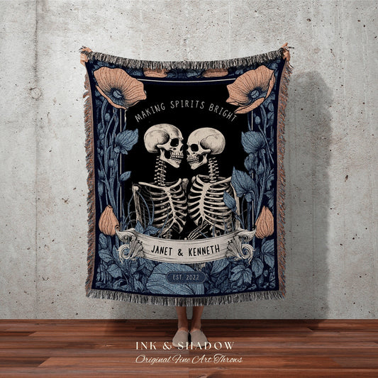 Skeleton Couple Custom Gift 'Making Spirits Bright' Personalized Tapestry | Gothic Wedding Custom Blanket Woven | Spooky Wedding Gift Custom