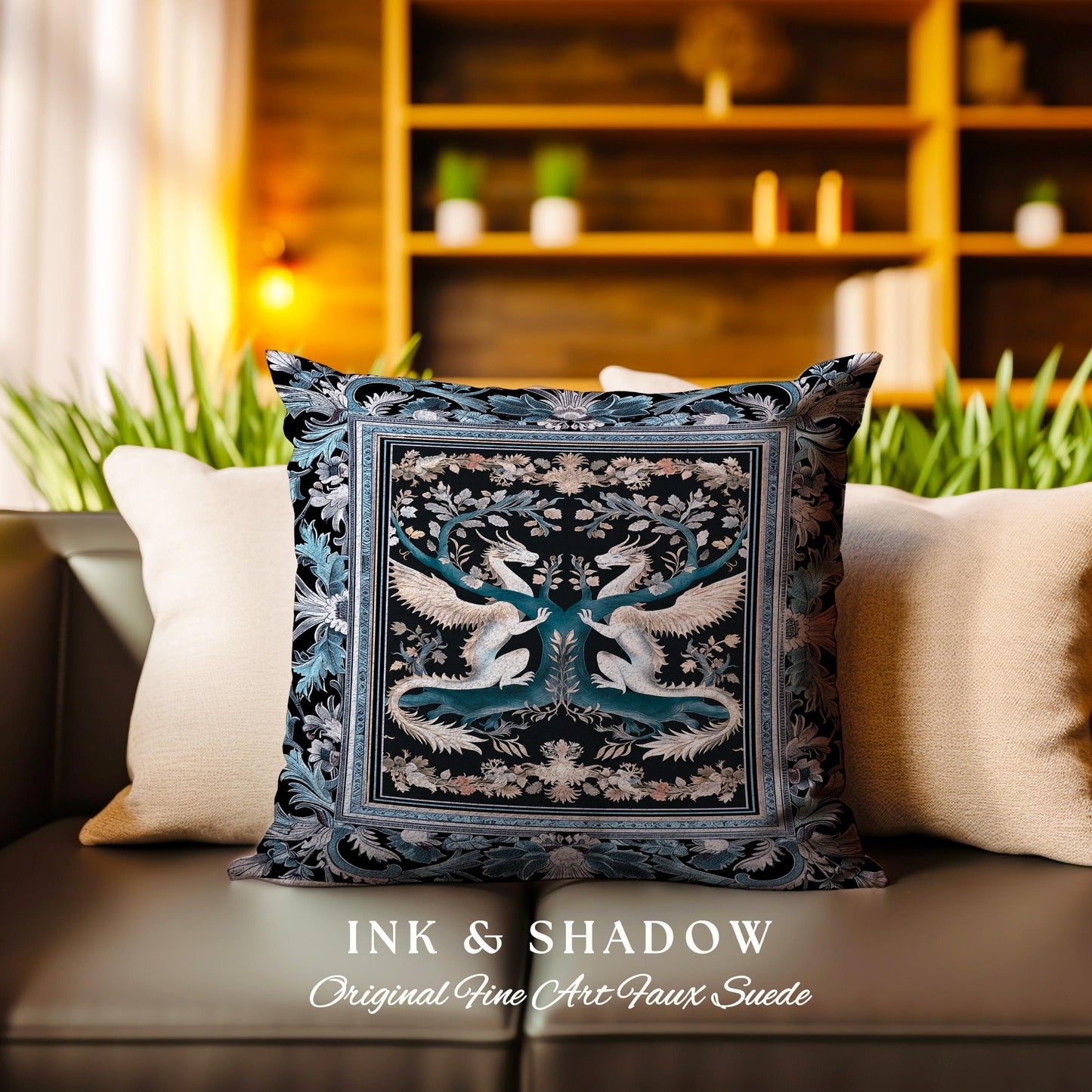 Indigo Dusty Blue Medieval Dragon Pillow Fairycore Boho Art Nouveau Home | Vintage Dark Academia Victorian Gothic Fairytale Tapestry Cushion