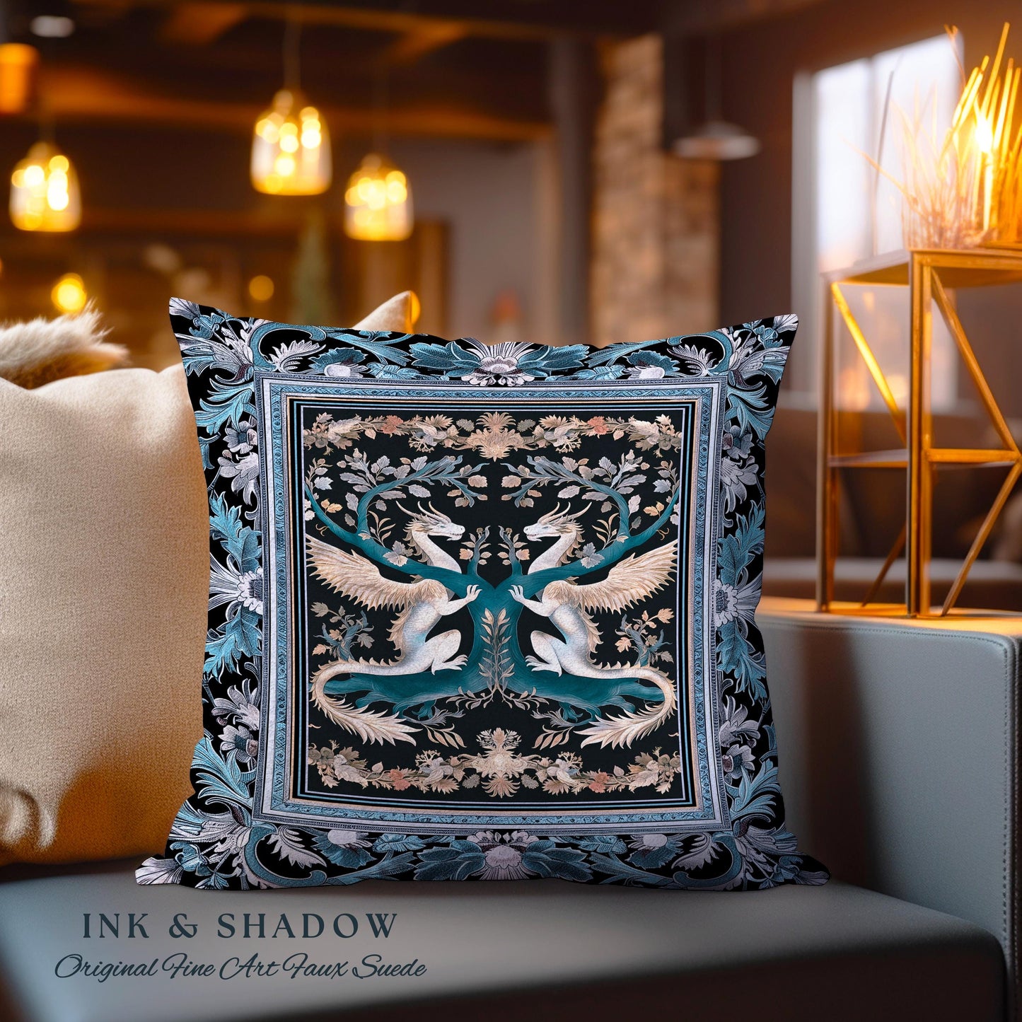 Indigo Dusty Blue Medieval Dragon Pillow Fairycore Boho Art Nouveau Home | Vintage Dark Academia Victorian Gothic Fairytale Tapestry Cushion