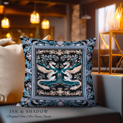 Indigo Dusty Blue Medieval Dragon Pillow Fairycore Boho Art Nouveau Home | Vintage Dark Academia Victorian Gothic Fairytale Tapestry Cushion