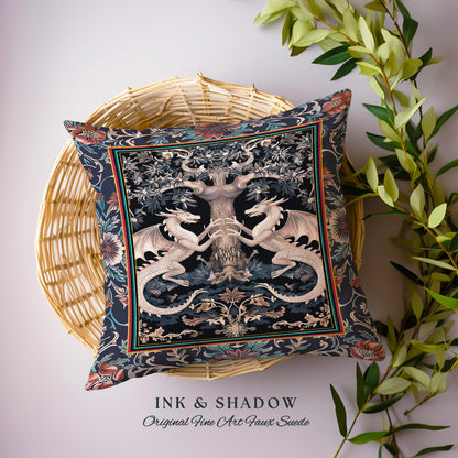 Medieval Fantasy Dragon Pillow Victorian Whimsigoth Decor, Enchanted Forest Gothic Art Nouveau Baroque Elegance Cottagecore Tapestry Cushion