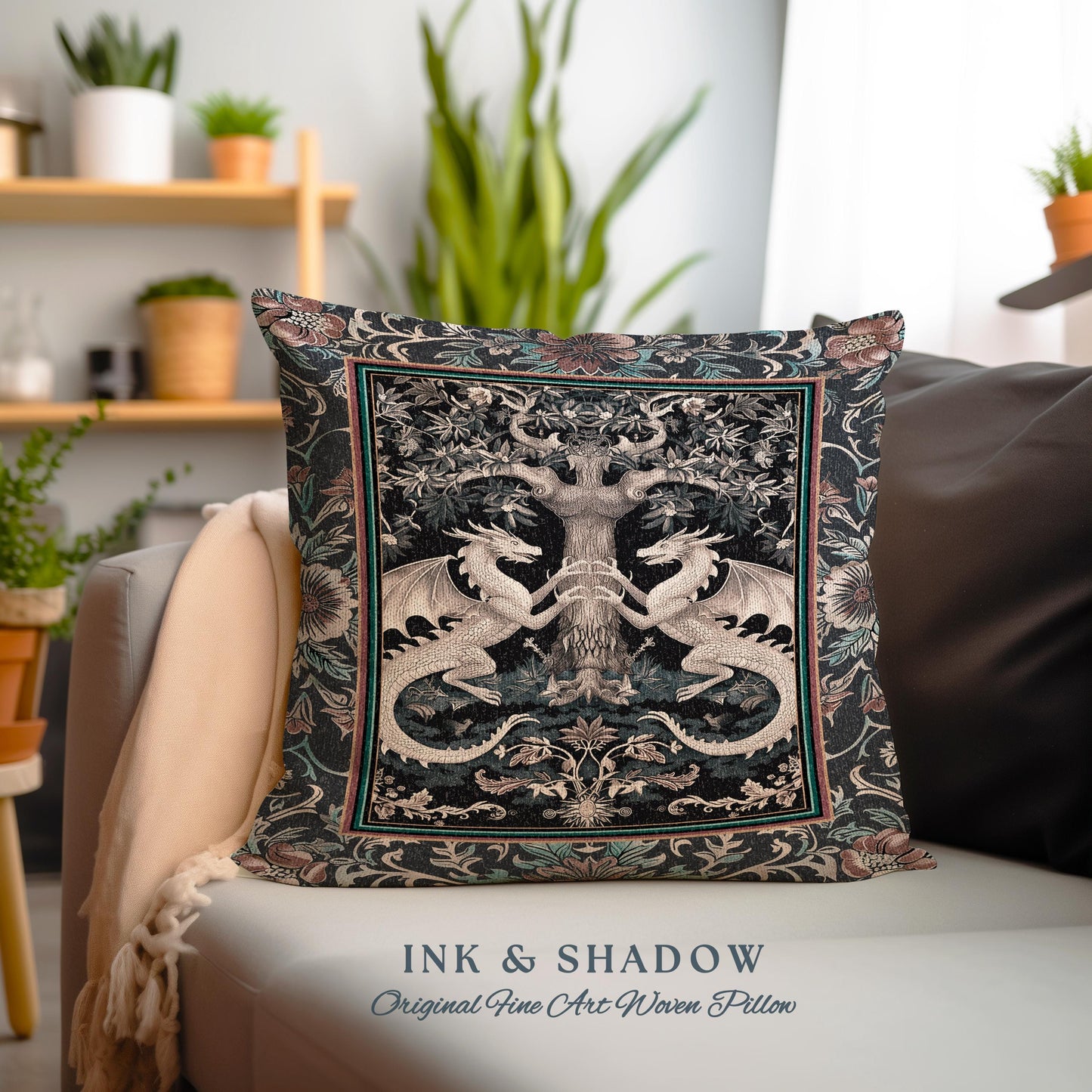 Medieval Fantasy Dragon Pillow Victorian Whimsigoth Decor, Enchanted Forest Gothic Art Nouveau Baroque Elegance Cottagecore Tapestry Cushion