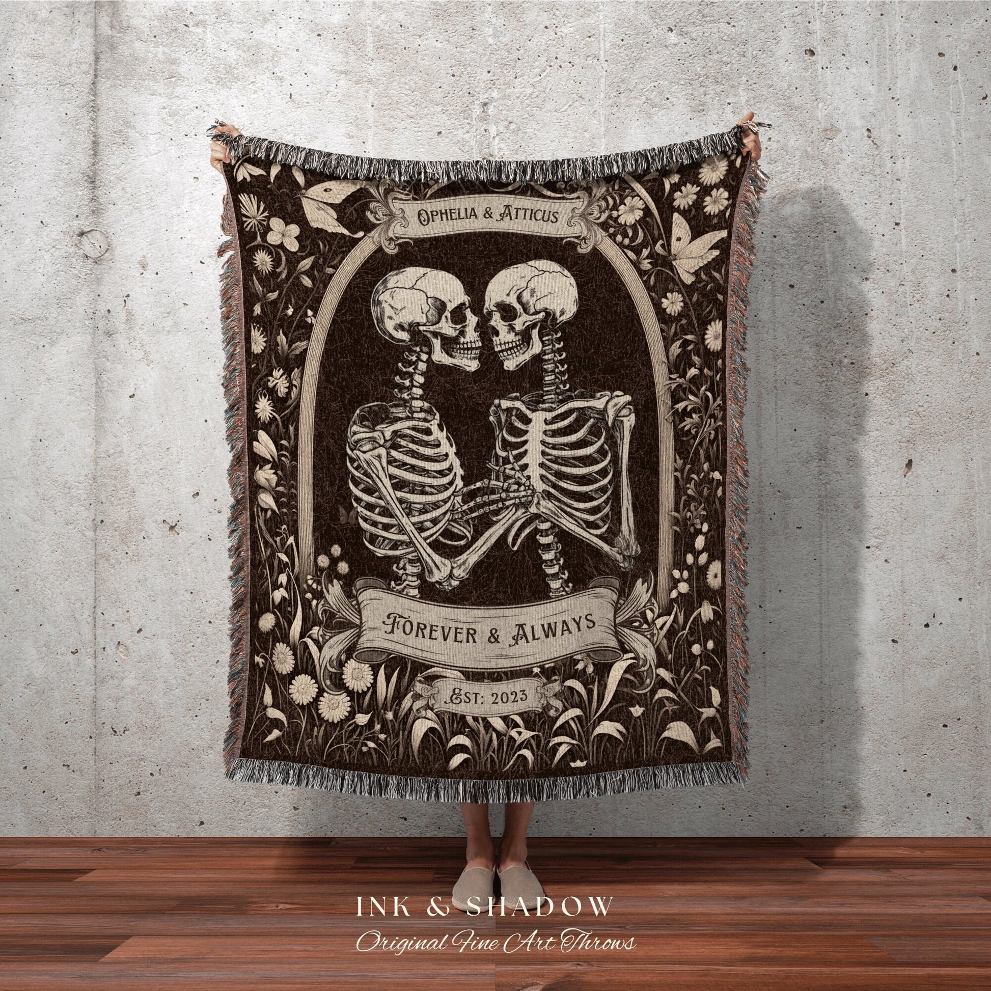 Skeleton Lovers Custom Blanket | Personalized Wedding Anniversary Blanket Unique Couple Gift for Goths Custom Tapestry Meaningful Gifts Goth