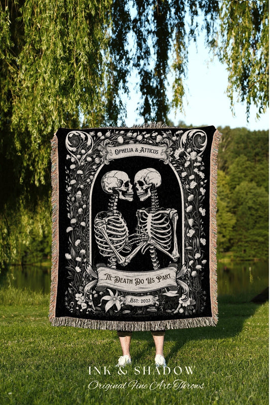 Goth Aesthetic Couples Blanket | Personalized Tapestry Gothic Wedding Custom Blanket Woven Tapestry Skeleton Couple Whimsical Wedding Custom