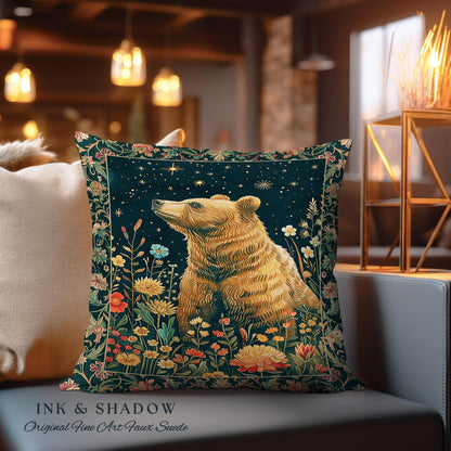 Whimsical Wildflower Starry Night Bear Pillow Enchanted Forest Cottagegoth | Boho Cottagecore Witchy Wildlife Whimsigothic Art Throw Cushion