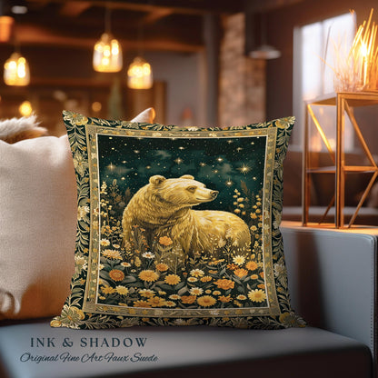 Golden Starlit Grizzly Bear Pillow Mystical Meadow Whimsical Wildflower Decor | Vintage Forestcore Cottagecore Celestial Woodland Animal Art