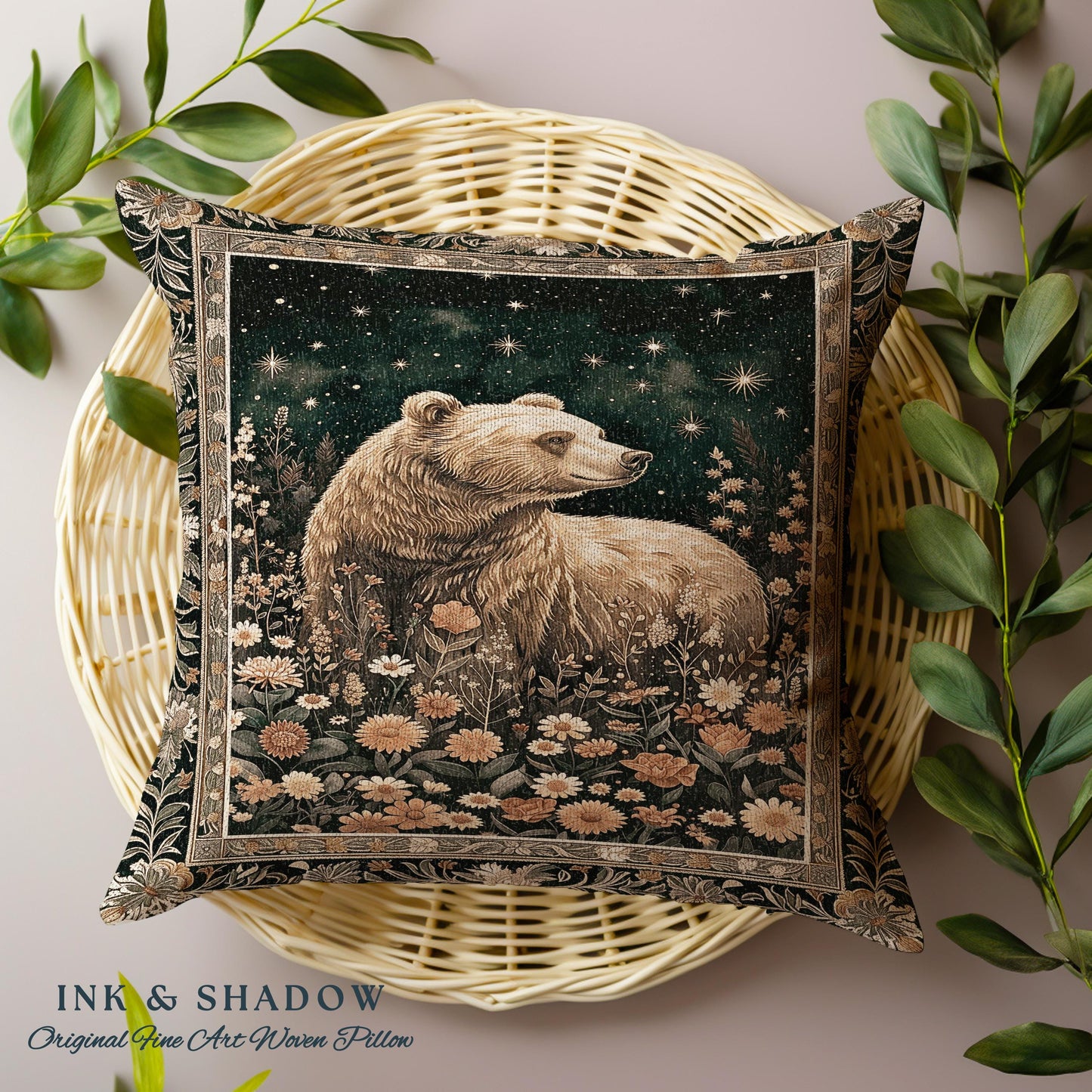 Golden Starlit Grizzly Bear Pillow Mystical Meadow Whimsical Wildflower Decor | Vintage Forestcore Cottagecore Celestial Woodland Animal Art