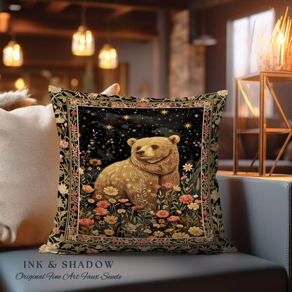 Fairytale Bear Pillow Enchanted Woodland Celestial Wildflower Starscape | Whimsical Floral Fairycore Magic Whimsigoth Art Foestcore Cushion