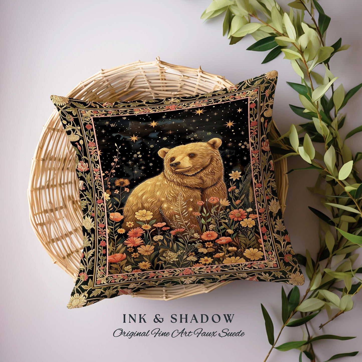 Fairytale Bear Pillow Enchanted Woodland Celestial Wildflower Starscape | Whimsical Floral Fairycore Magic Whimsigoth Art Foestcore Cushion