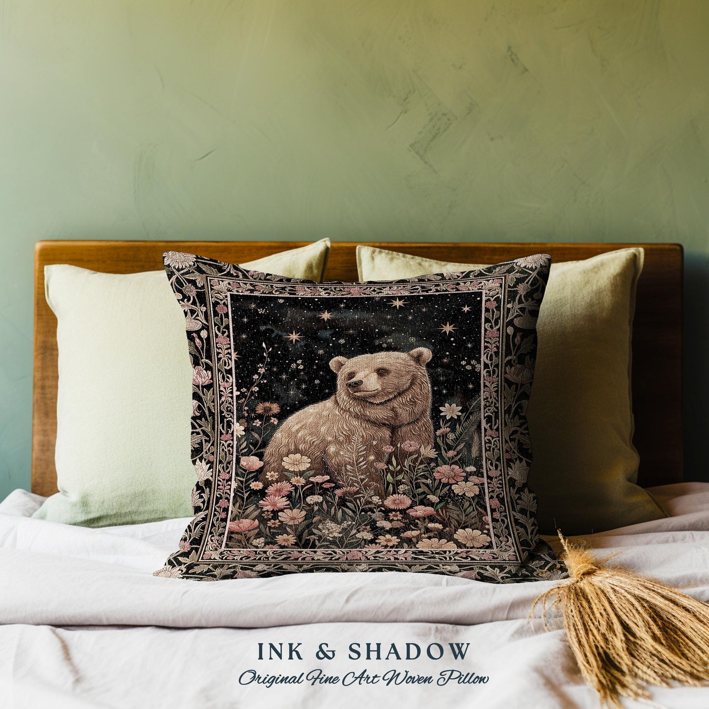 Fairytale Bear Pillow Enchanted Woodland Celestial Wildflower Starscape | Whimsical Floral Fairycore Magic Whimsigoth Art Foestcore Cushion