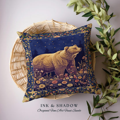 Celestial Moonlit Bear Pillow Starry Night Wildflower Tapestry Cushion | Enchanted Woodland Gothic Indigo Blue Cozy Cottagecore Mystical Art