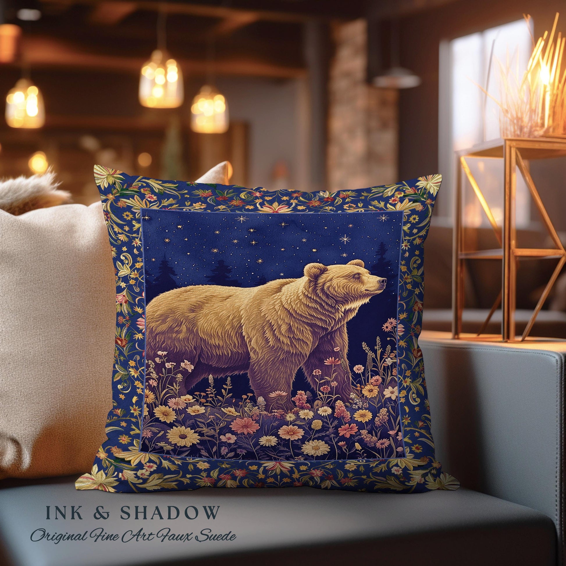 Celestial Moonlit Bear Pillow Starry Night Wildflower Tapestry Cushion | Enchanted Woodland Gothic Indigo Blue Cozy Cottagecore Mystical Art