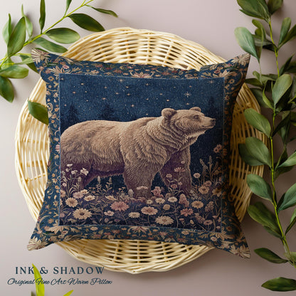 Celestial Moonlit Bear Pillow Starry Night Wildflower Tapestry Cushion | Enchanted Woodland Gothic Indigo Blue Cozy Cottagecore Mystical Art