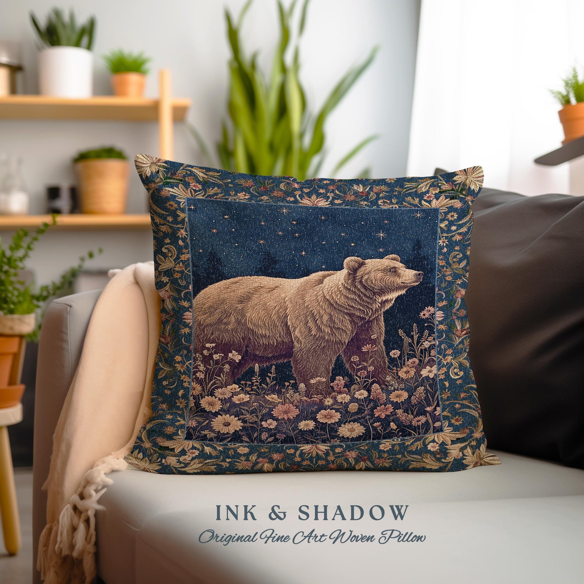 Celestial Moonlit Bear Pillow Starry Night Wildflower Tapestry Cushion | Enchanted Woodland Gothic Indigo Blue Cozy Cottagecore Mystical Art