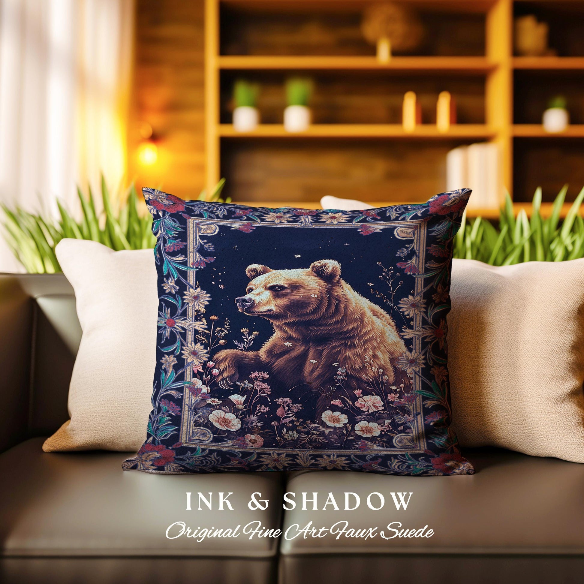 Midnight Blue Bear Pillow Wildflower Dark Floral Tapestry Cushion | Enchanted Woodland Gothic Whimsical Wildlife Art Goblincore Home Accent