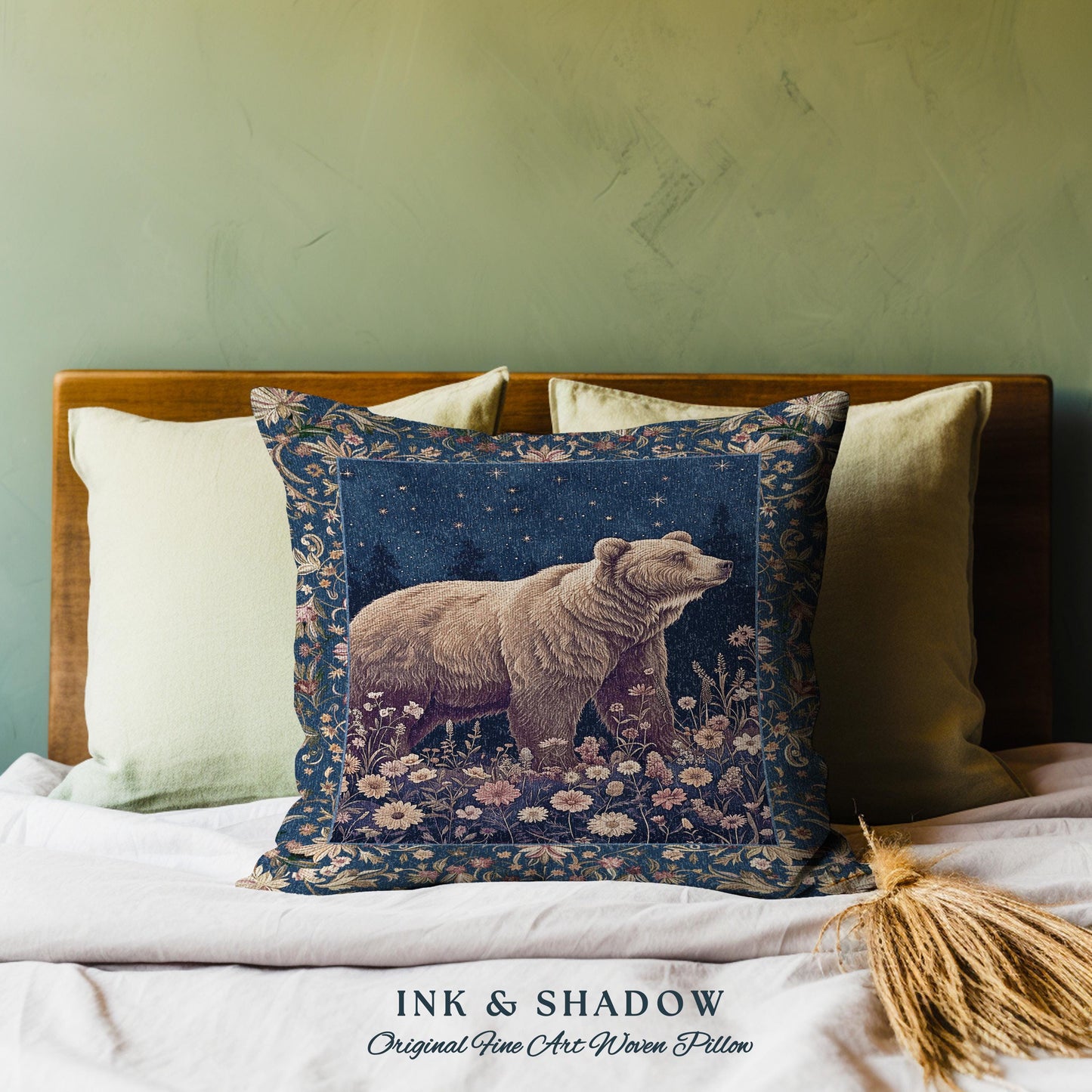 Celestial Moonlit Bear Pillow Starry Night Wildflower Tapestry Cushion | Enchanted Woodland Gothic Indigo Blue Cozy Cottagecore Mystical Art