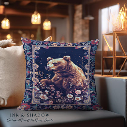 Midnight Blue Bear Pillow Wildflower Dark Floral Tapestry Cushion | Enchanted Woodland Gothic Whimsical Wildlife Art Goblincore Home Accent