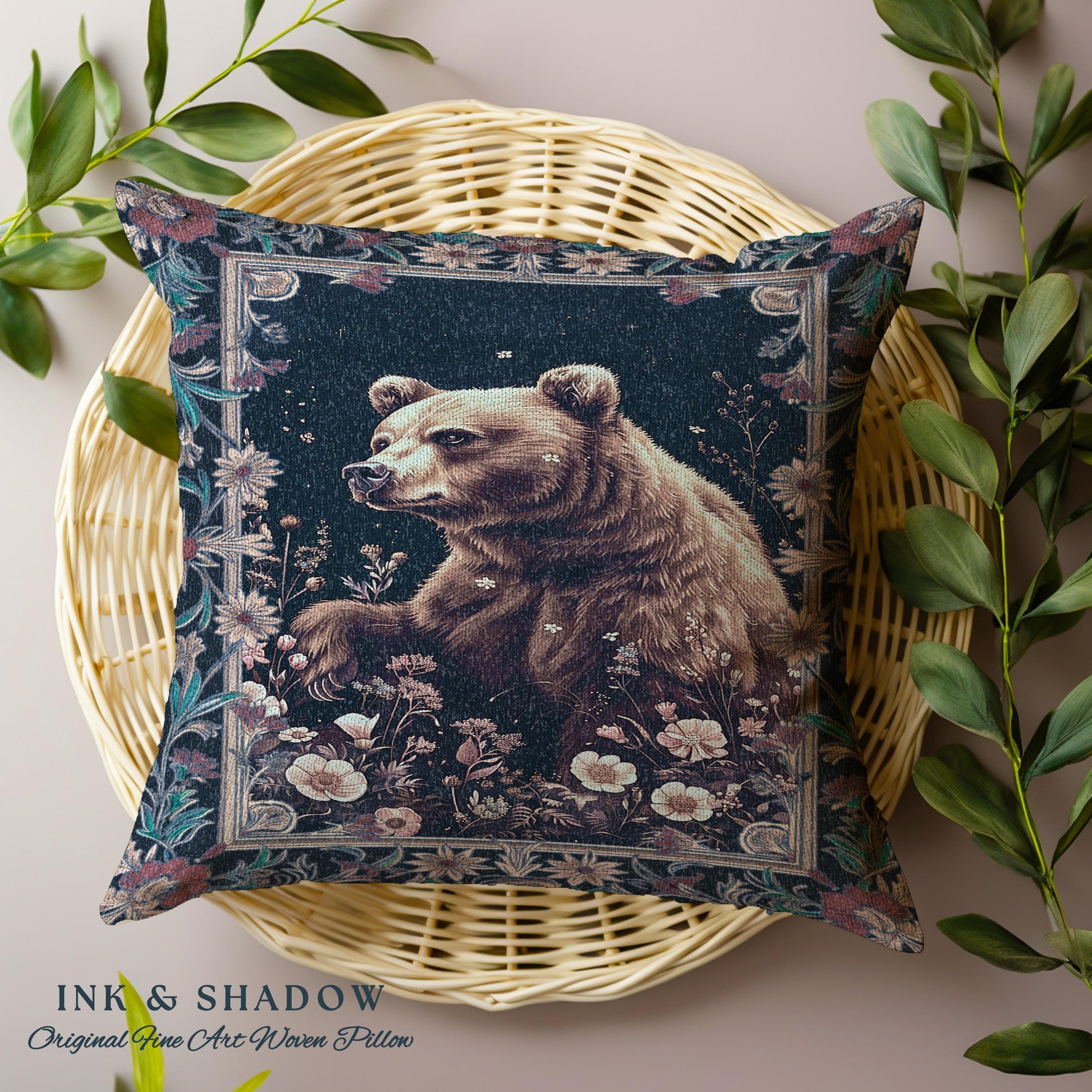 Midnight Blue Bear Pillow Wildflower Dark Floral Tapestry Cushion | Enchanted Woodland Gothic Whimsical Wildlife Art Goblincore Home Accent