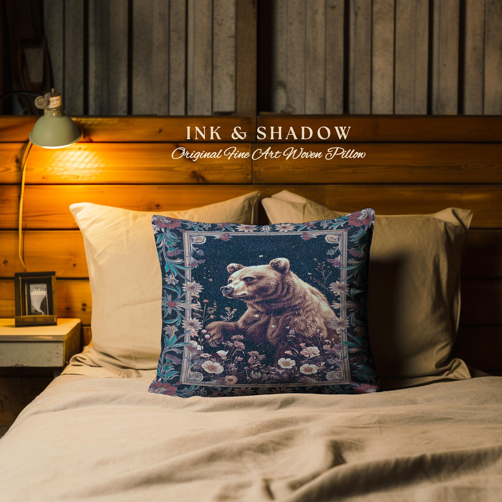 Midnight Blue Bear Pillow Wildflower Dark Floral Tapestry Cushion | Enchanted Woodland Gothic Whimsical Wildlife Art Goblincore Home Accent