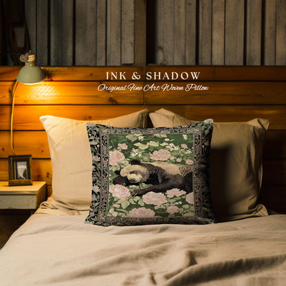 Woodland Botanical Bear Pillow Vintage Goblincore Tapestry Cushion | Dark Floral Cottagecore Cozy Enchanted Forest Gothic Art Home Accent