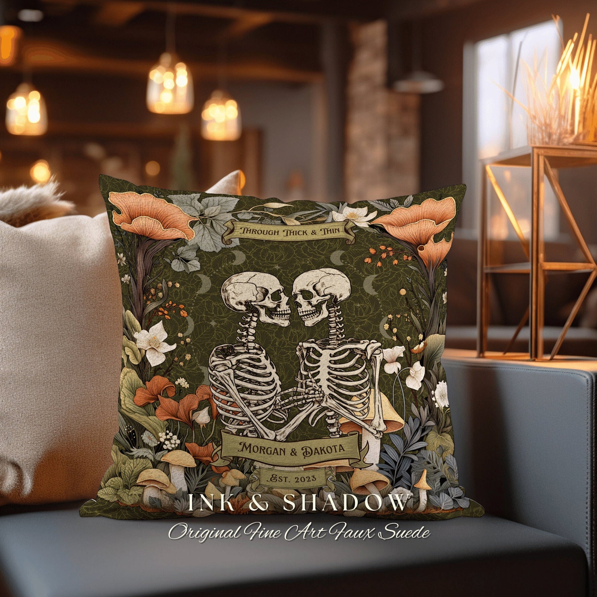 Novelty Engagement Gift Pillow | Cottagecore Decor Custom Anniversary Meaningful Wedding Gift for Couple Housewarming Gift Skeleton Couple |