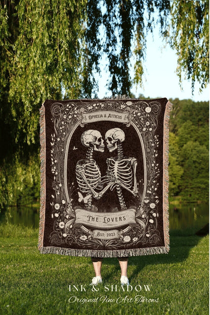 Gothic Engagement Blanket Custom | Personalized Wedding Anniversary Blanket Unique Couple Gift for Goths Custom Tapestry Skeleton Blanket |