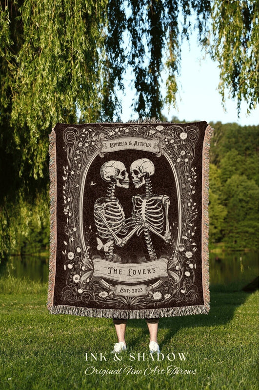 Gothic Engagement Blanket Custom | Personalized Wedding Anniversary Blanket Unique Couple Gift for Goths Custom Tapestry Skeleton Blanket |