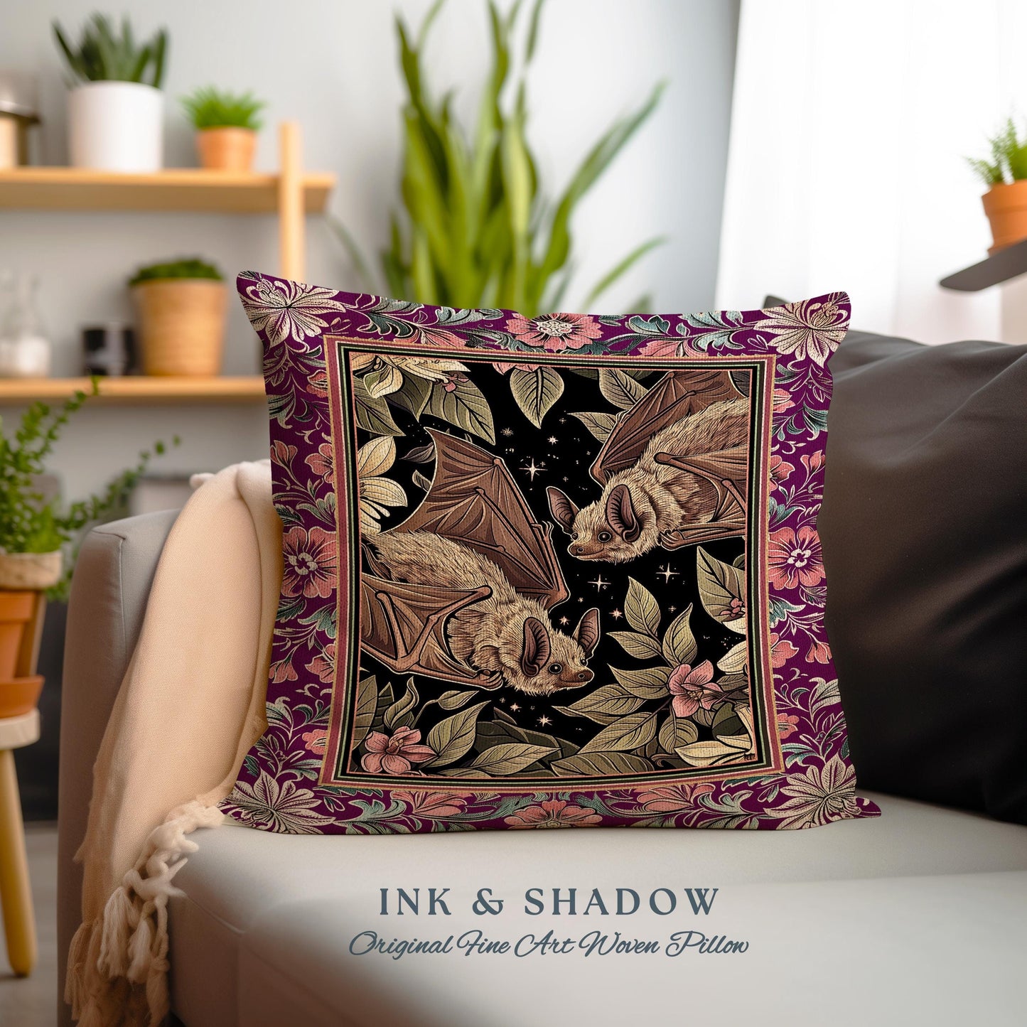 Romantic Victorian Gothic Bat Pillow Whimsical Dark Floral Baroque Forestcore | Ethereal Botanical Whimsical Woodland Cottagecore Cushion